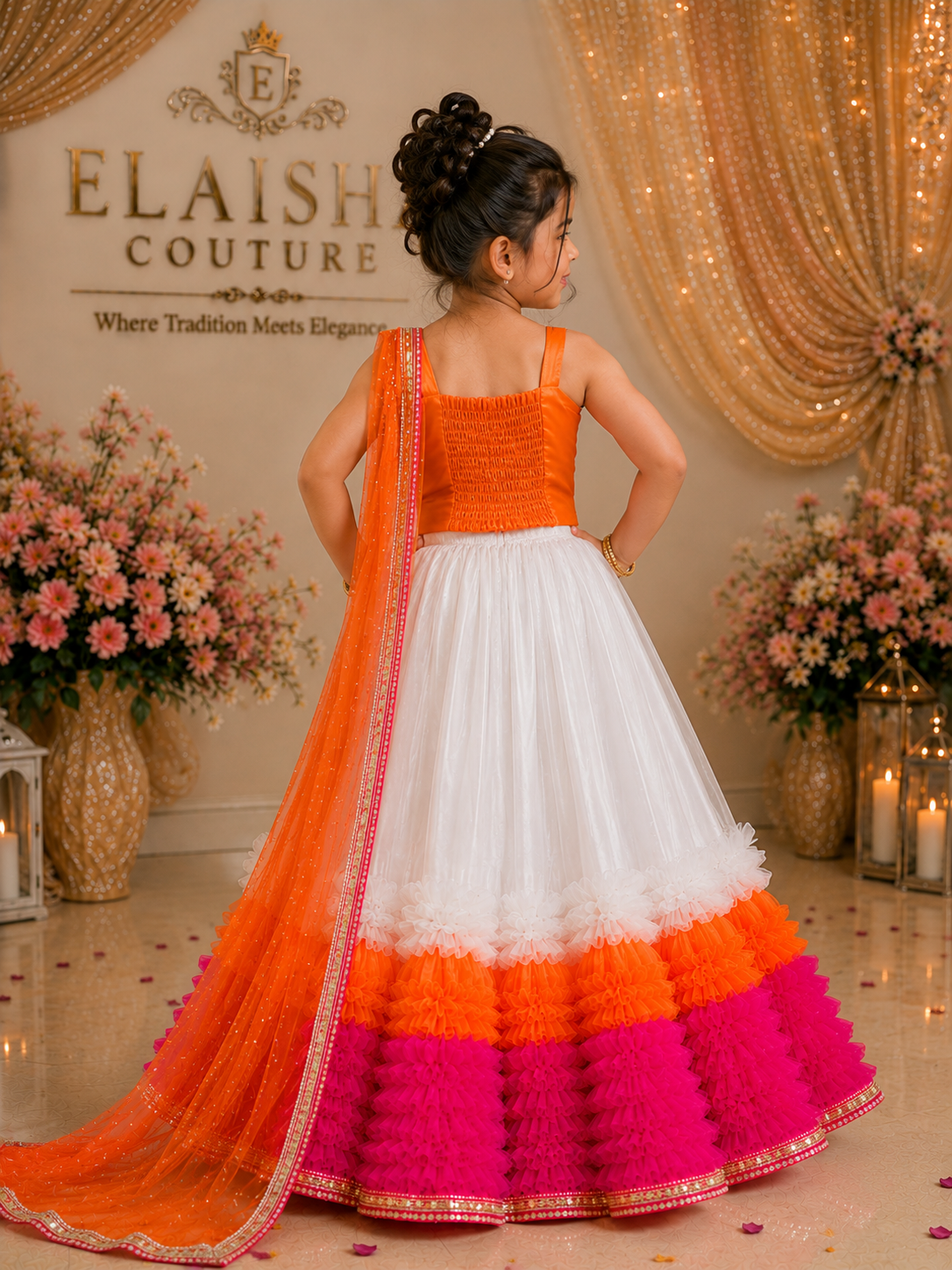 Elaisha Woven Sleeveless Placement Embroidered Top With Lehenga & Dupatta Set - Orange & White
