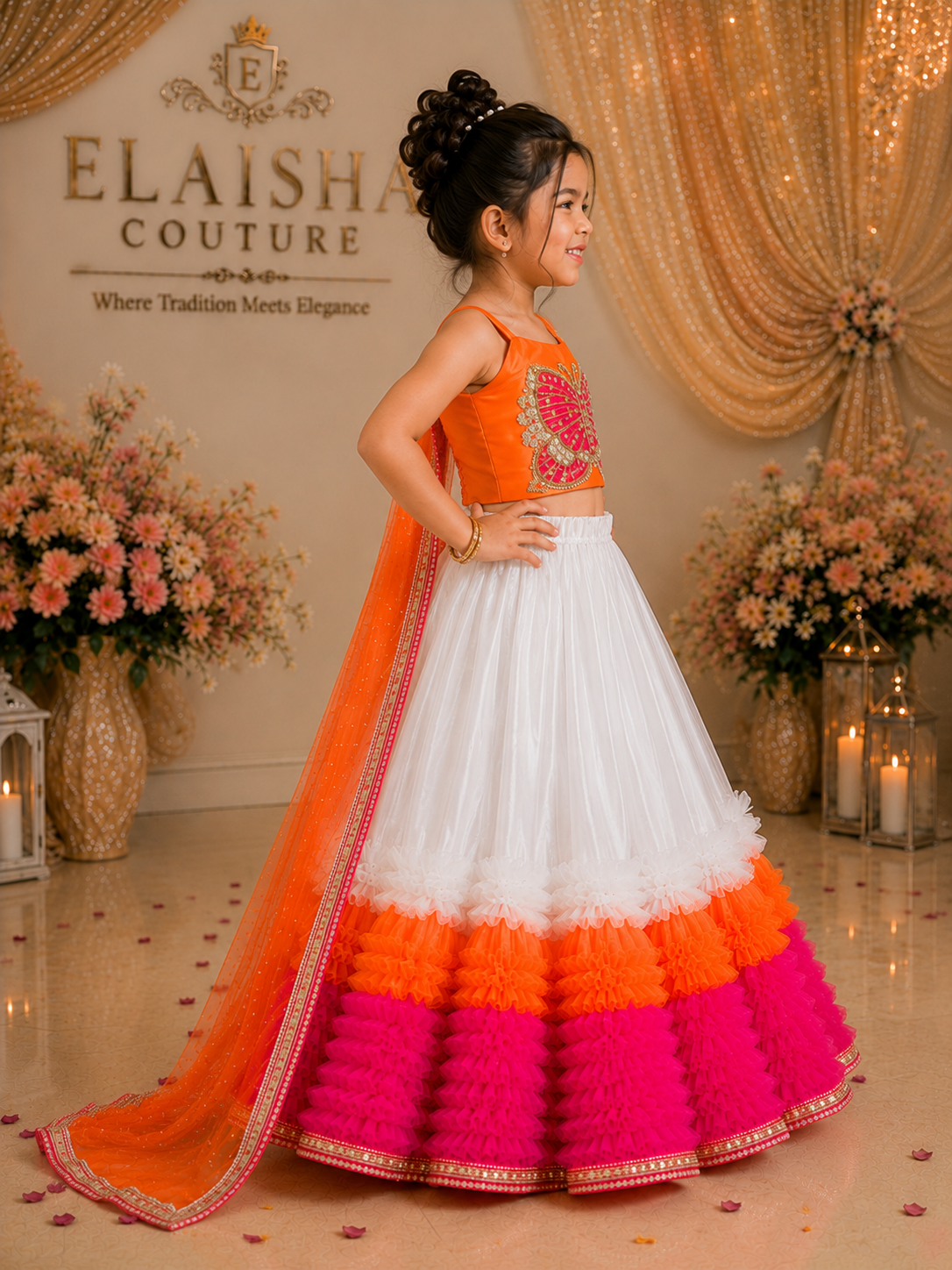 Elaisha Woven Sleeveless Placement Embroidered Top With Lehenga & Dupatta Set - Orange & White