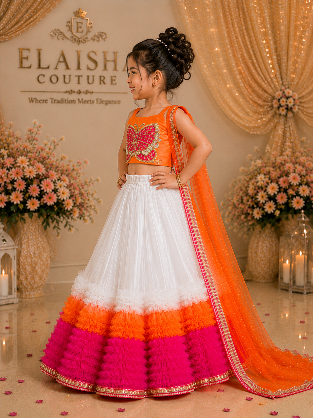 Elaisha Woven Sleeveless Placement Embroidered Top With Lehenga & Dupatta Set - Orange & White