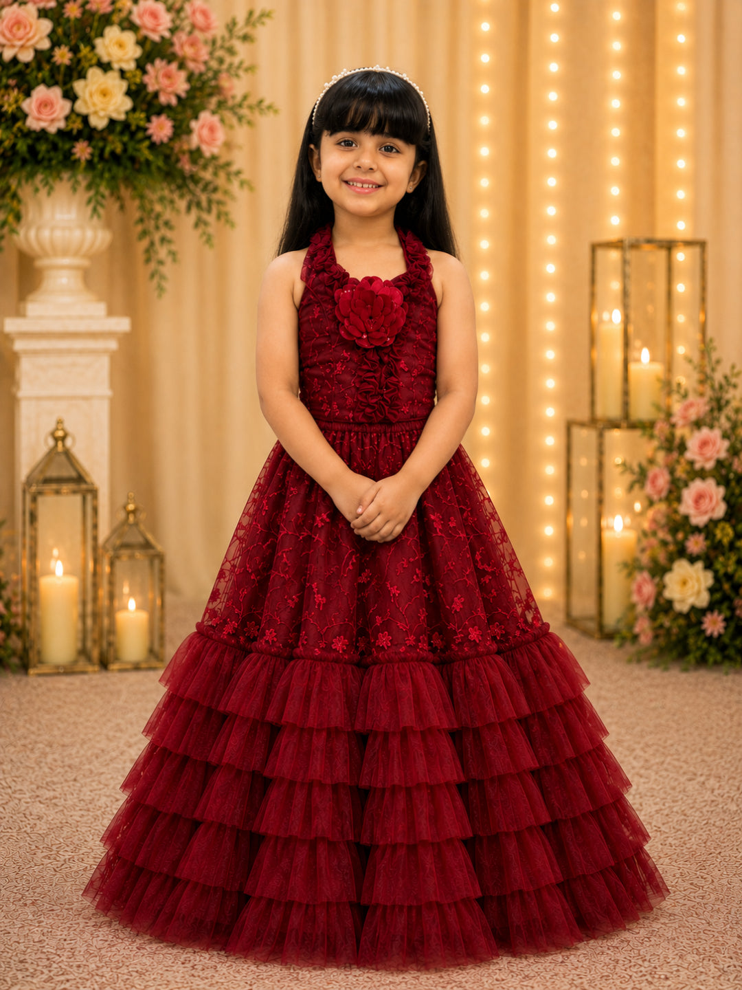 Elaisha Woven Sleeveless  Embroidered Top With Lehenga  Set - Maroon
