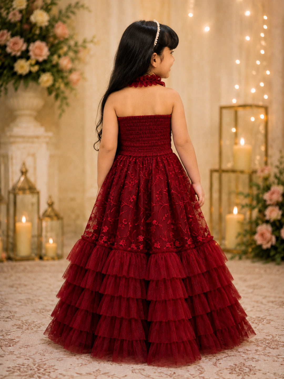Elaisha Woven Sleeveless  Embroidered Top With Lehenga  Set - Maroon