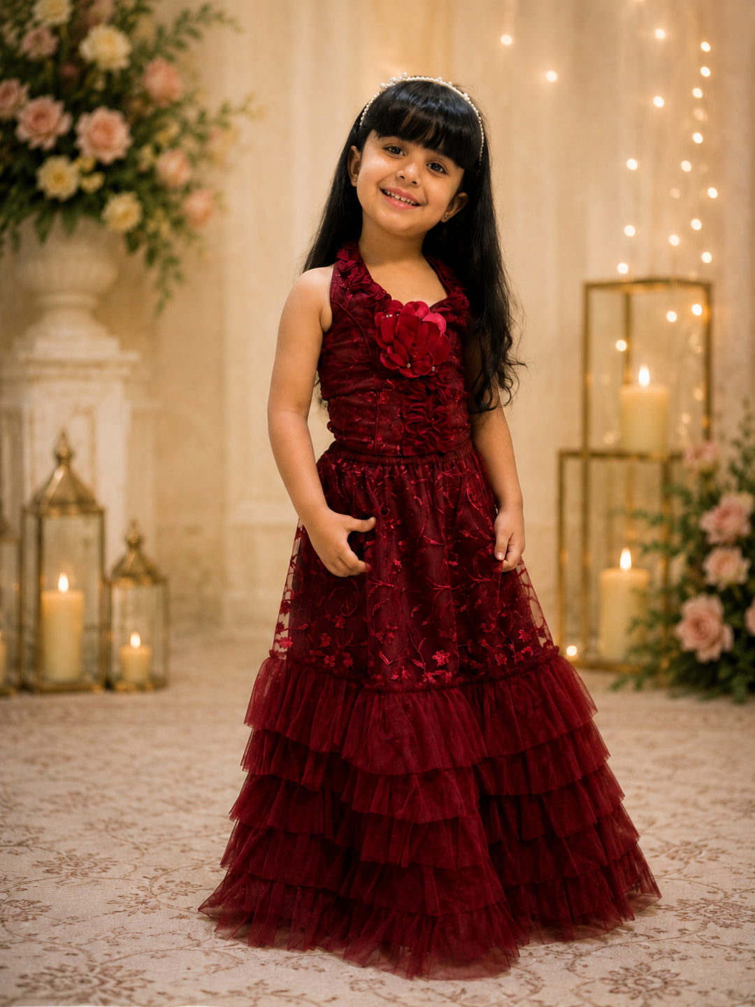 Elaisha Woven Sleeveless  Embroidered Top With Lehenga  Set - Maroon