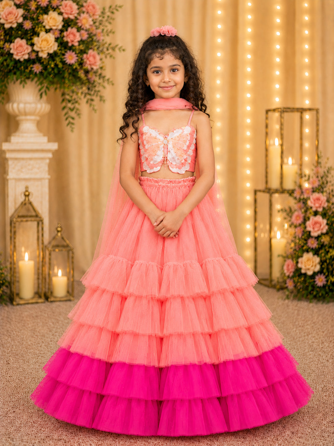 Elaisha Woven Sleeveless Placement Embroidered Top With Lehenga & Dupatta Set - Peach & Pink