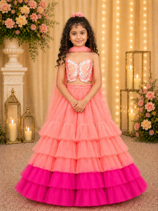 Elaisha Woven Sleeveless Placement Embroidered Top With Lehenga & Dupatta Set - Peach & Pink