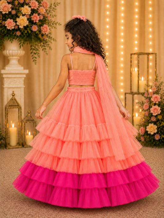 Elaisha Woven Sleeveless Placement Embroidered Top With Lehenga & Dupatta Set - Peach & Pink