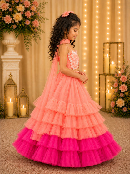 Elaisha Woven Sleeveless Placement Embroidered Top With Lehenga & Dupatta Set - Peach & Pink