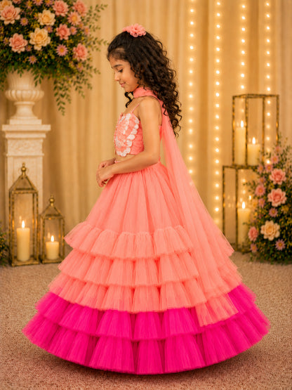Elaisha Woven Sleeveless Placement Embroidered Top With Lehenga & Dupatta Set - Peach & Pink