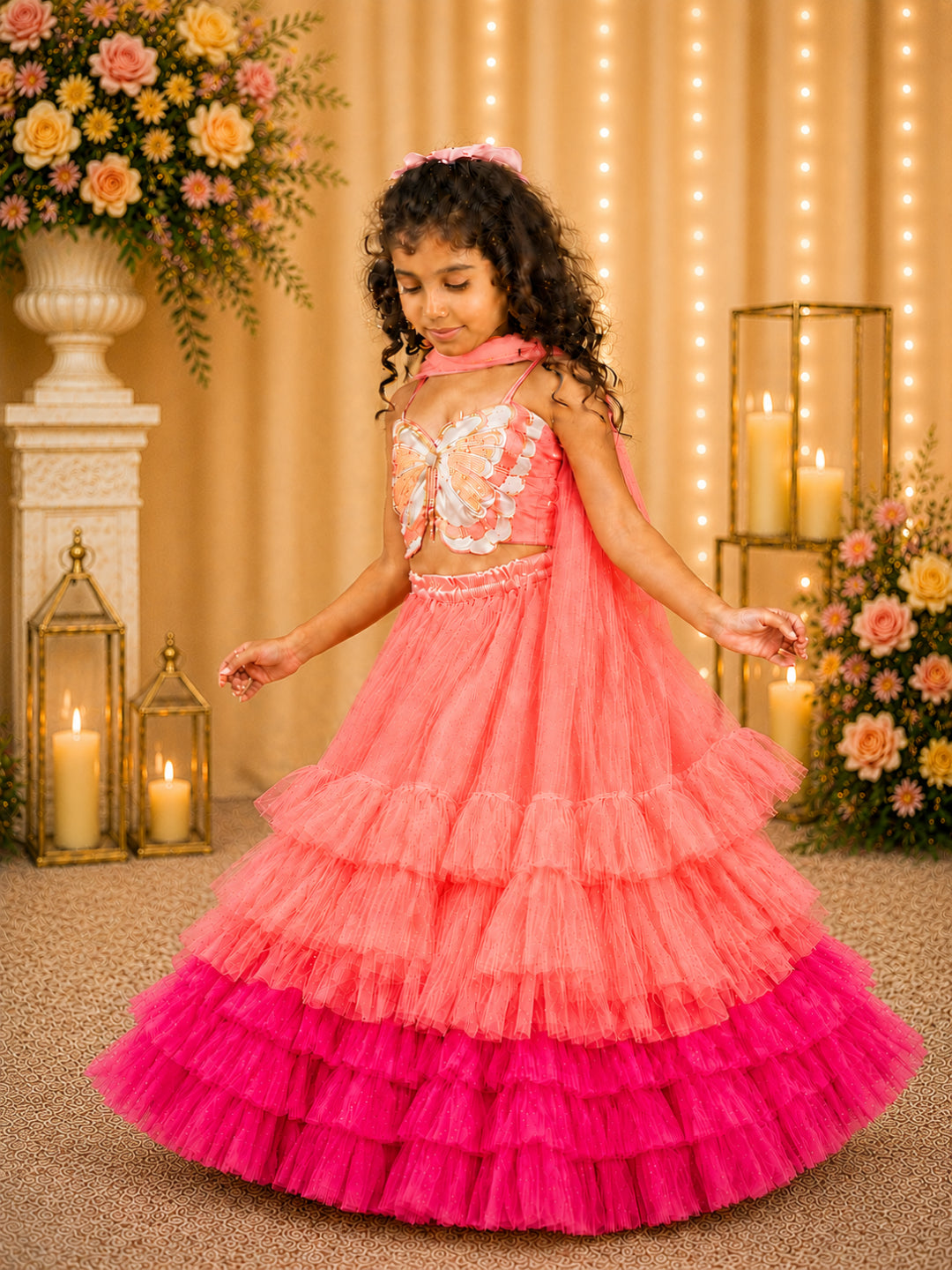 Elaisha Woven Sleeveless Placement Embroidered Top With Lehenga & Dupatta Set - Peach & Pink