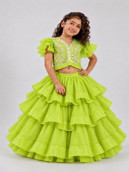 Elaisha Woven Short Sleeves Mirror Work Top With  Lehenga Set -Limegreen