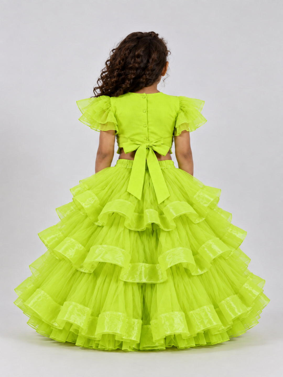 Elaisha Woven Short Sleeves Mirror Work Top With  Lehenga Set -Limegreen