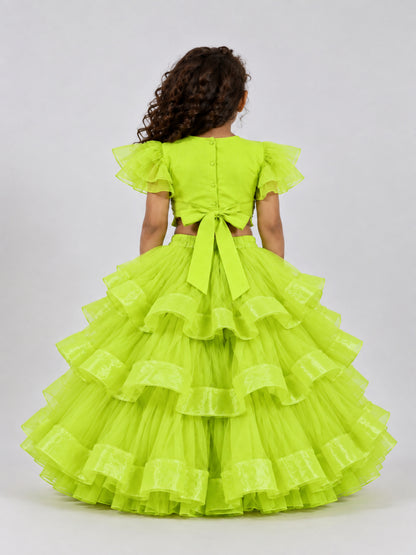 Elaisha Woven Short Sleeves Mirror Work Top With  Lehenga Set -Limegreen
