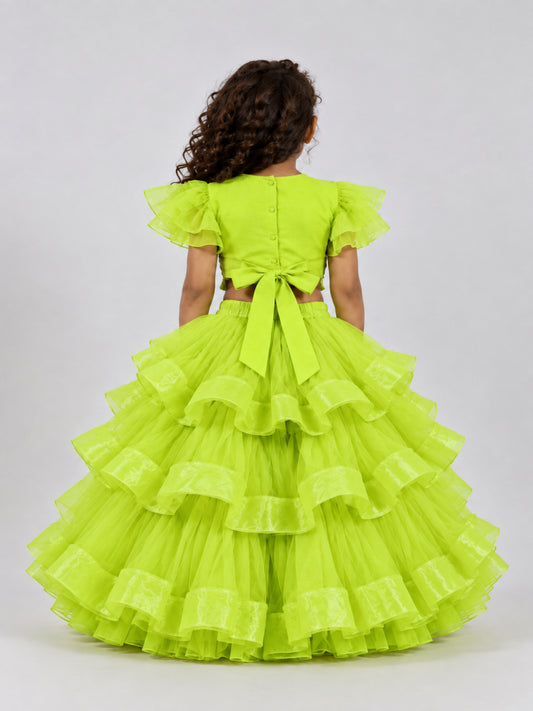 Elaisha Woven Short Sleeves Mirror Work Top With  Lehenga Set -Limegreen