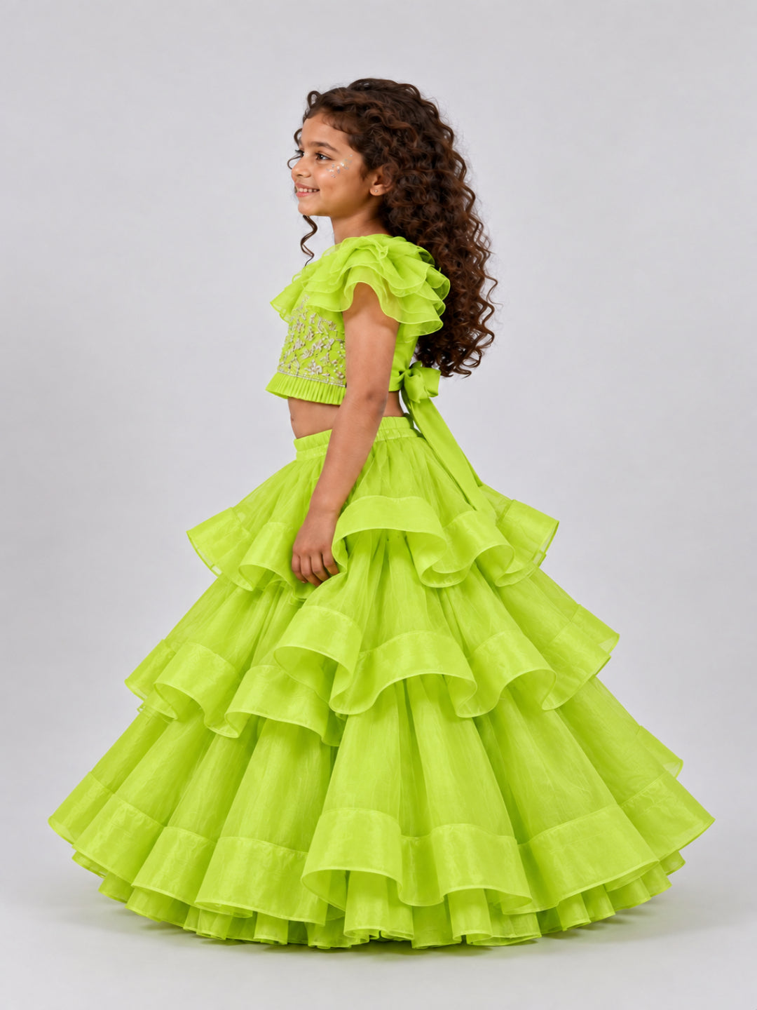 Elaisha Woven Short Sleeves Mirror Work Top With  Lehenga Set -Limegreen