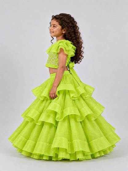 Elaisha Woven Short Sleeves Mirror Work Top With  Lehenga Set -Limegreen