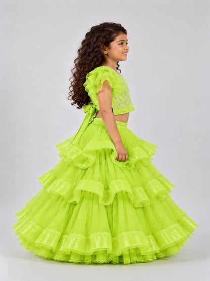 Elaisha Woven Short Sleeves Mirror Work Top With  Lehenga Set -Limegreen