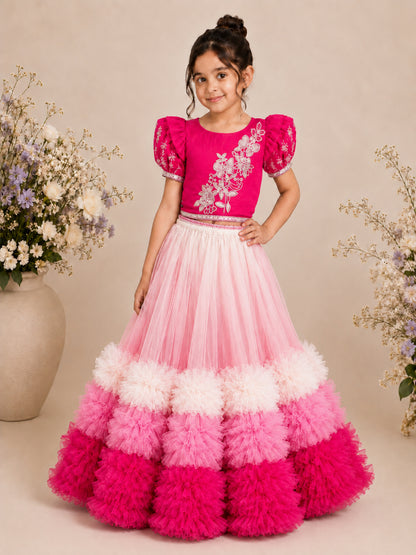 Elaisha Woven Short Sleeves Placement Print Top With Lehenga Set -Pink & White