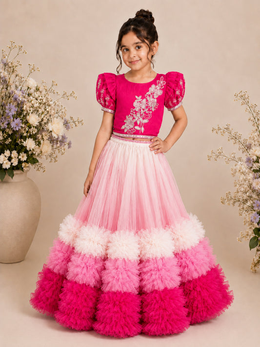 Elaisha Woven Short Sleeves Placement Print Top With Lehenga Set -Pink & White