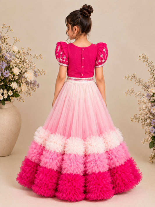 Elaisha Woven Short Sleeves Placement Print Top With Lehenga Set -Pink & White