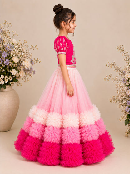 Elaisha Woven Short Sleeves Placement Print Top With Lehenga Set -Pink & White