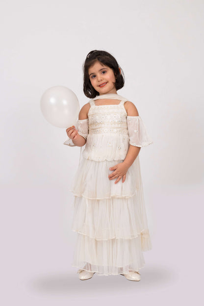 Elaisha Girls Embroidered Cold Shoulder Top & Tiered Ruffled Skirt Set With Net Dupatta - Off White