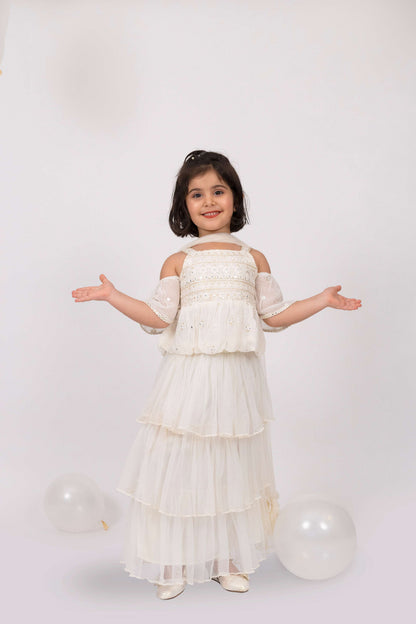 Elaisha Girls Embroidered Cold Shoulder Top & Tiered Ruffled Skirt Set With Net Dupatta - Off White