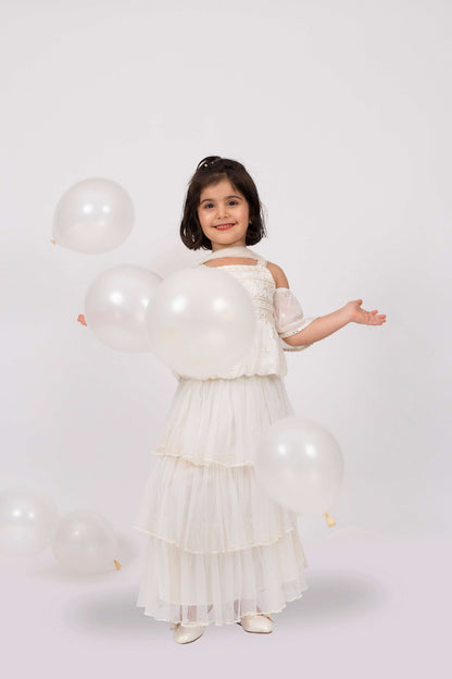 Elaisha Girls Embroidered Cold Shoulder Top & Tiered Ruffled Skirt Set With Net Dupatta - Off White