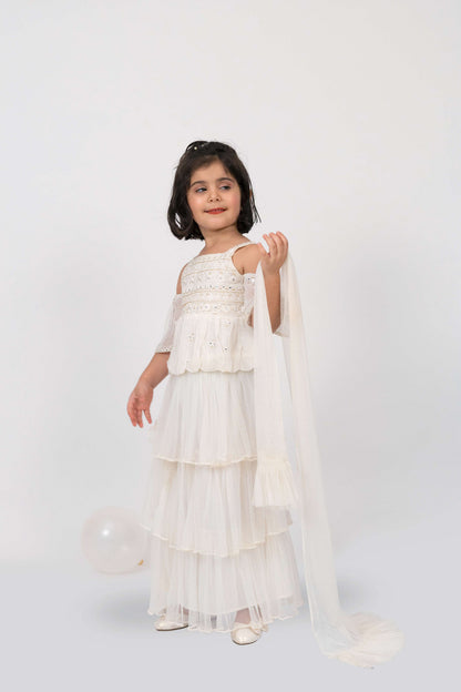 Elaisha Girls Embroidered Cold Shoulder Top & Tiered Ruffled Skirt Set With Net Dupatta - Off White