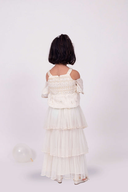 Elaisha Girls Embroidered Cold Shoulder Top & Tiered Ruffled Skirt Set With Net Dupatta - Off White