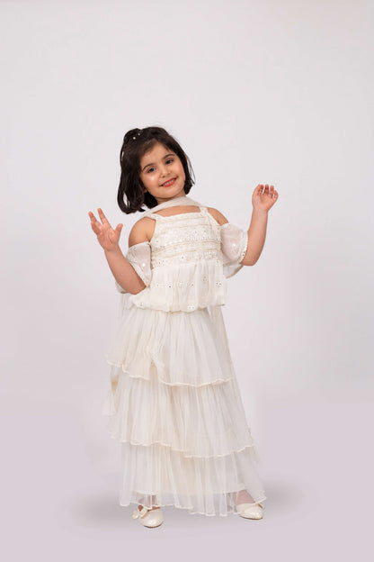 Elaisha Girls Embroidered Cold Shoulder Top & Tiered Ruffled Skirt Set With Net Dupatta - Off White