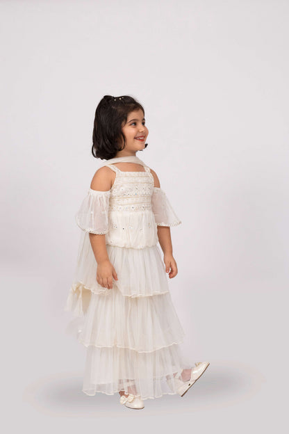Elaisha Girls Embroidered Cold Shoulder Top & Tiered Ruffled Skirt Set With Net Dupatta - Off White
