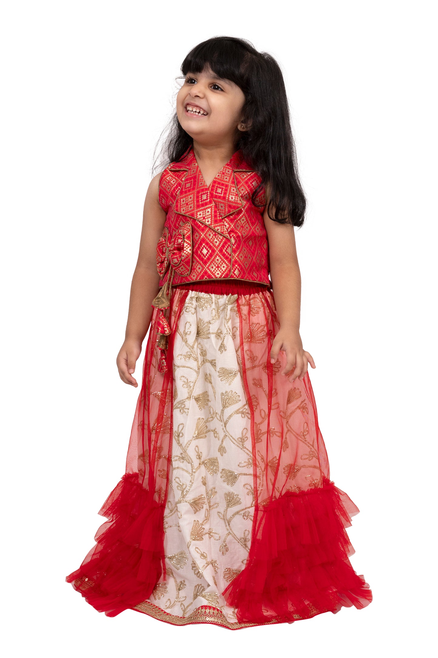 Elaisha Brocade Sleeveless Embellished Top with Lehenga - Red & White