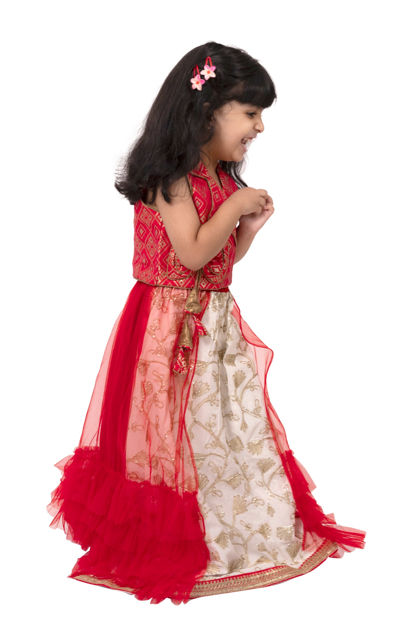 Elaisha Brocade Sleeveless Embellished Top with Lehenga - Red & White