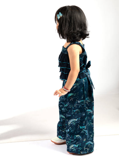 Elaisha Girls Spaghetti-Strap Ruffled & Shimmering Unicorn Printed Jumpsuit - Navy Blue