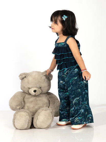 Elaisha Girls Spaghetti-Strap Ruffled & Shimmering Unicorn Printed Jumpsuit - Navy Blue