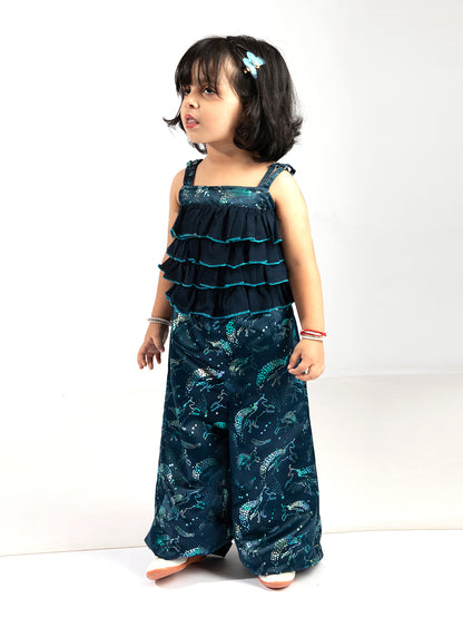 Elaisha Girls Spaghetti-Strap Ruffled & Shimmering Unicorn Printed Jumpsuit - Navy Blue