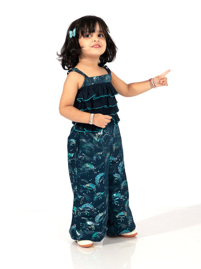 Elaisha Girls Spaghetti-Strap Ruffled & Shimmering Unicorn Printed Jumpsuit - Navy Blue