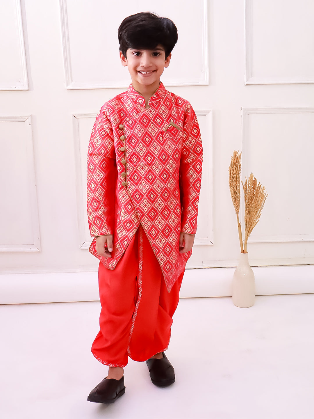 Elaisha Fullsleeves Embellished kurta with Dhoti - Red & Orange