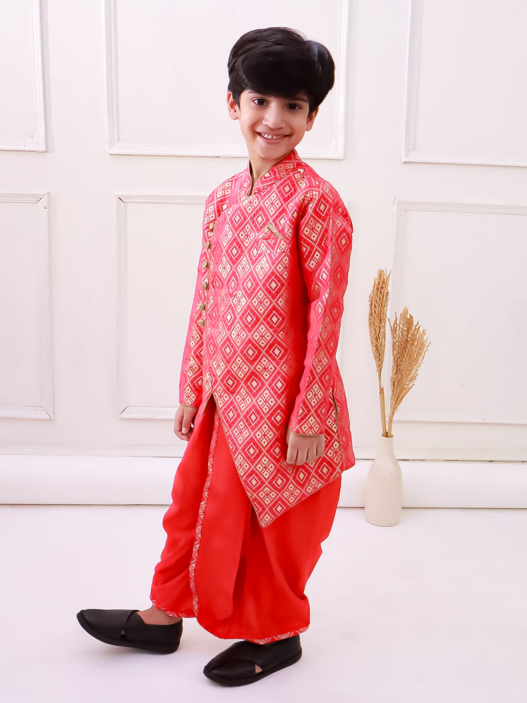 Elaisha Fullsleeves Embellished kurta with Dhoti - Red & Orange