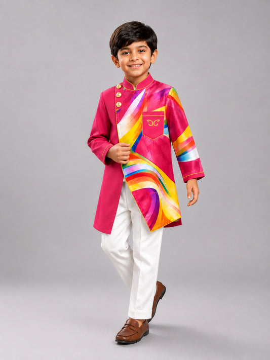 Elaisha Boys Woven Full Sleeve All Over Printed Kurta & Pajama Set - Pink & White