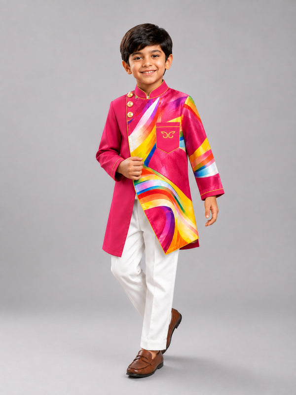 Elaisha Boys Woven Full Sleeve All Over Printed Kurta & Pajama Set - Pink & White
