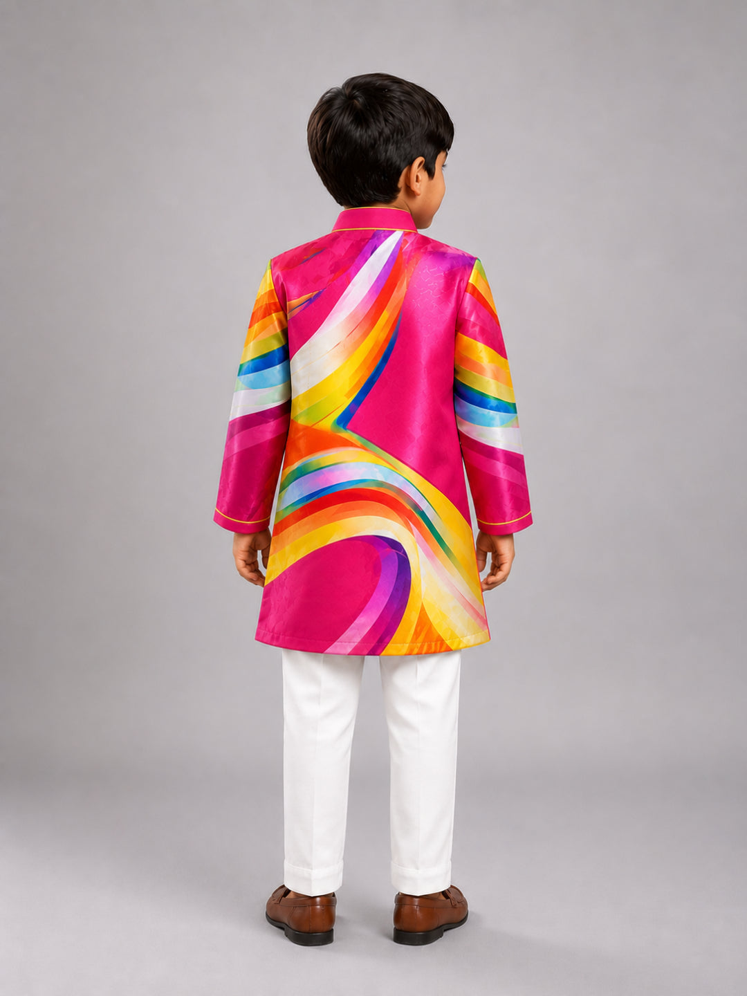 Elaisha Boys Woven Full Sleeve All Over Printed Kurta & Pajama Set - Pink & White