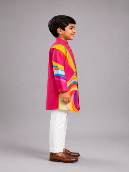 Elaisha Boys Woven Full Sleeve All Over Printed Kurta & Pajama Set - Pink & White