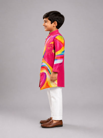 Elaisha Boys Woven Full Sleeve All Over Printed Kurta & Pajama Set - Pink & White