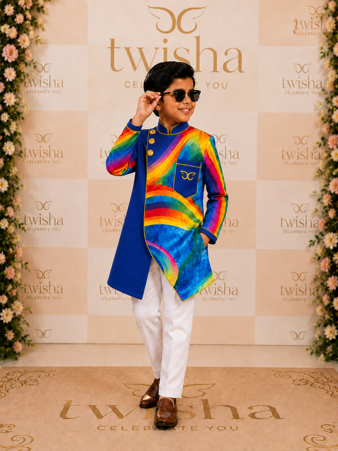Elaisha Boys Woven Full Sleeve All Over Prined Kurta & Pajama Set - Blue & White