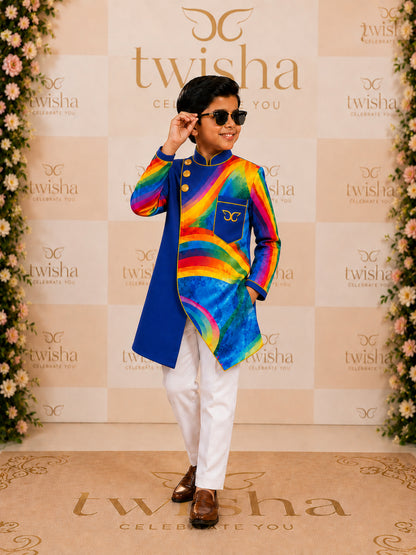 Elaisha Boys Woven Full Sleeve All Over Prined Kurta & Pajama Set - Blue & White