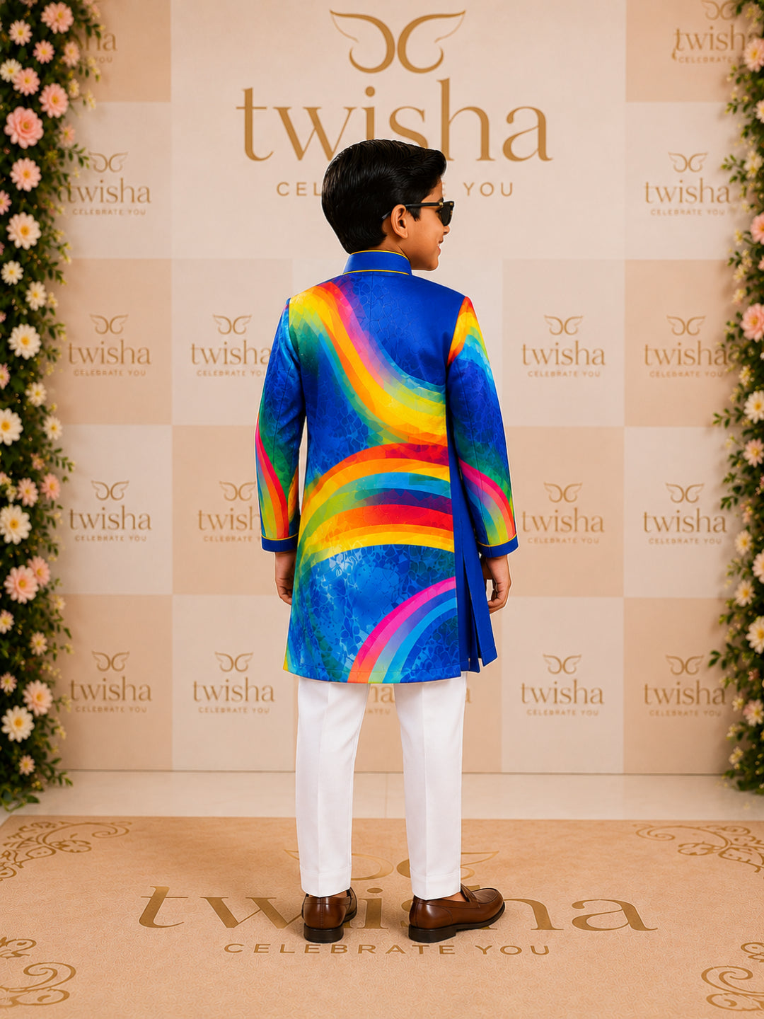 Elaisha Boys Woven Full Sleeve All Over Prined Kurta & Pajama Set - Blue & White