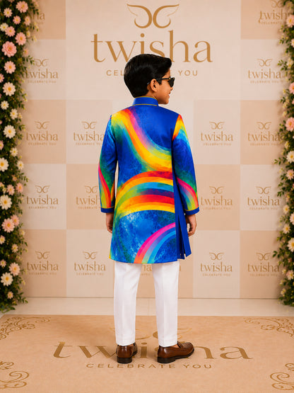 Elaisha Boys Woven Full Sleeve All Over Prined Kurta & Pajama Set - Blue & White