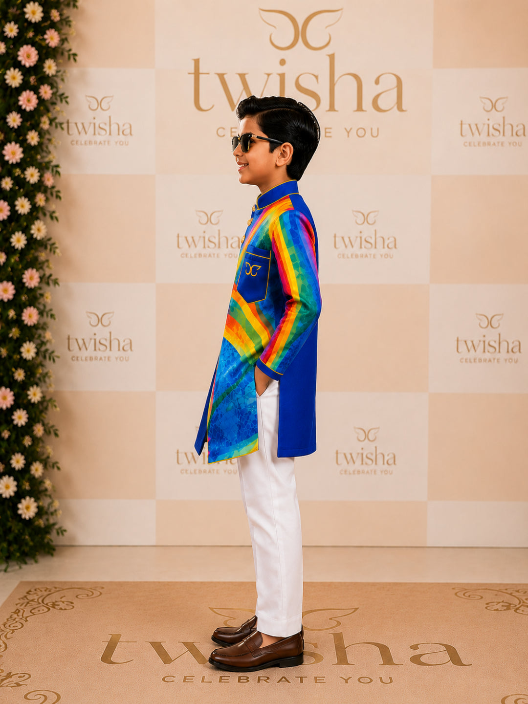 Elaisha Boys Woven Full Sleeve All Over Prined Kurta & Pajama Set - Blue & White