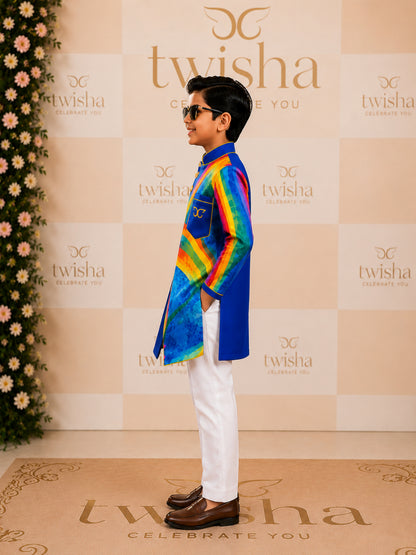 Elaisha Boys Woven Full Sleeve All Over Prined Kurta & Pajama Set - Blue & White