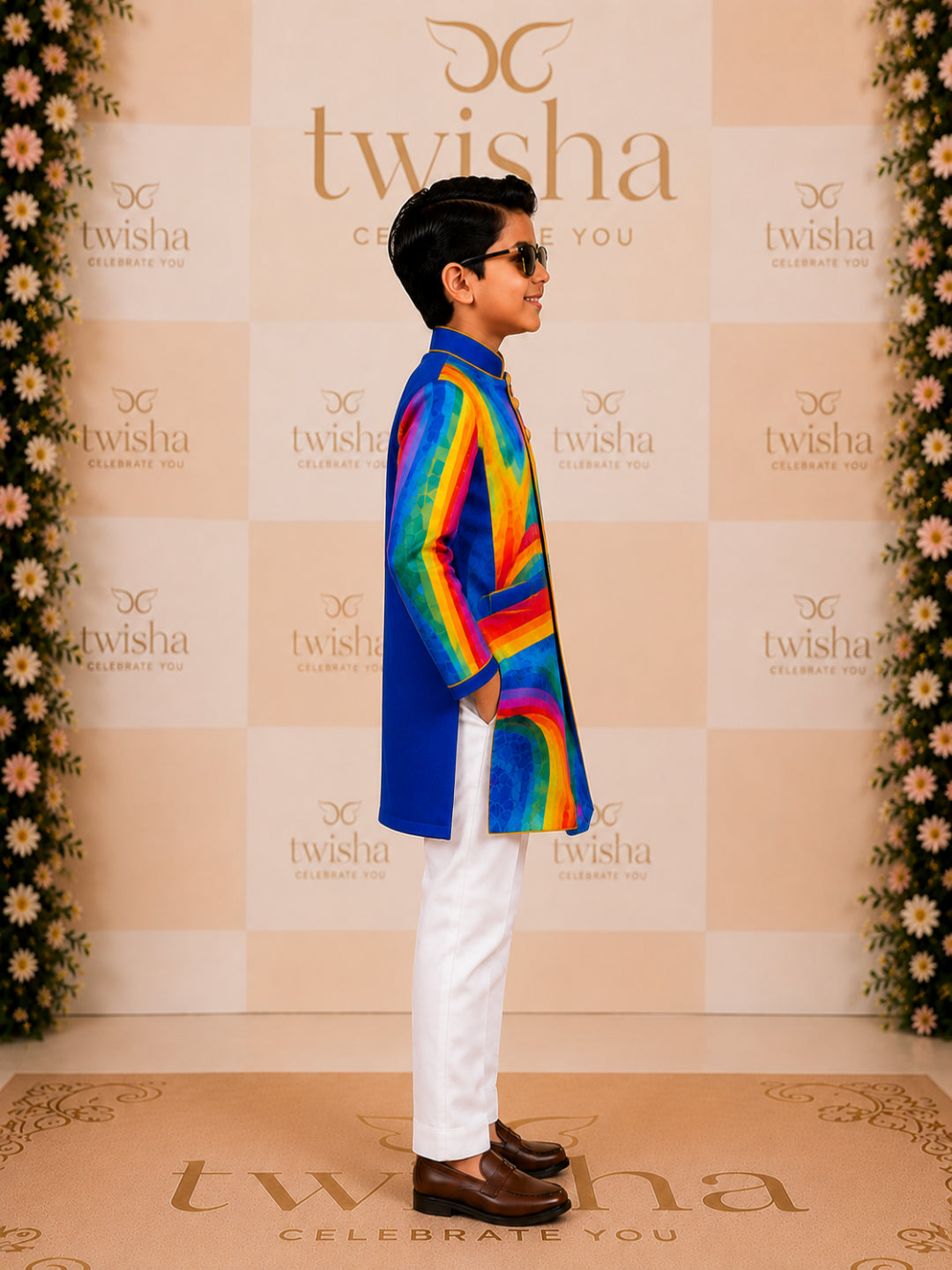 Elaisha Boys Woven Full Sleeve All Over Prined Kurta & Pajama Set - Blue & White